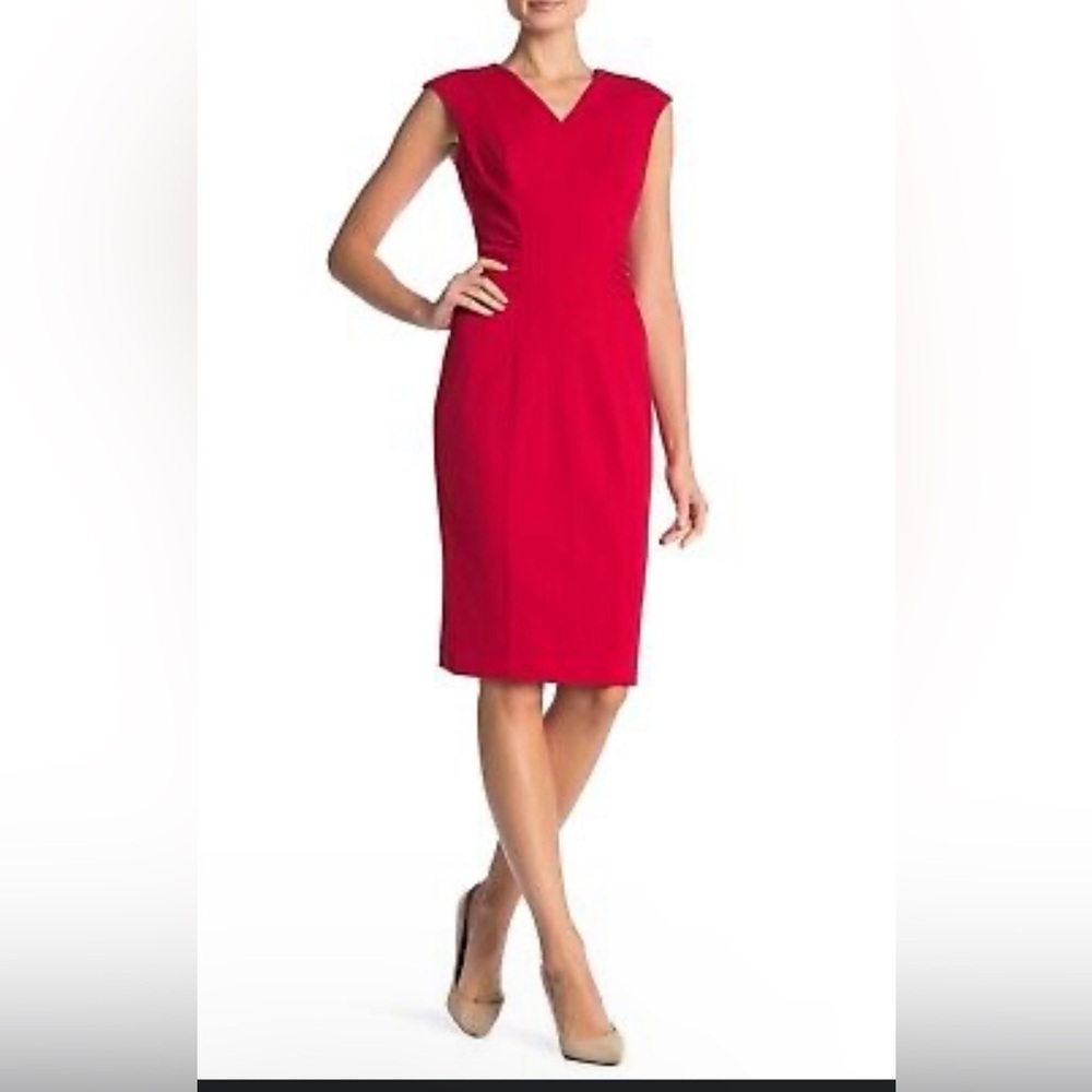 Worthington  NWT Modern True RED V Neckline Crepe Sheath Midi Dress size 12